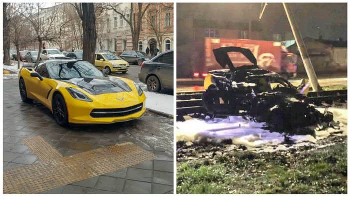 В Одессе спорткар Chevrolet Corvette врезался в столб на скорости и сгорел