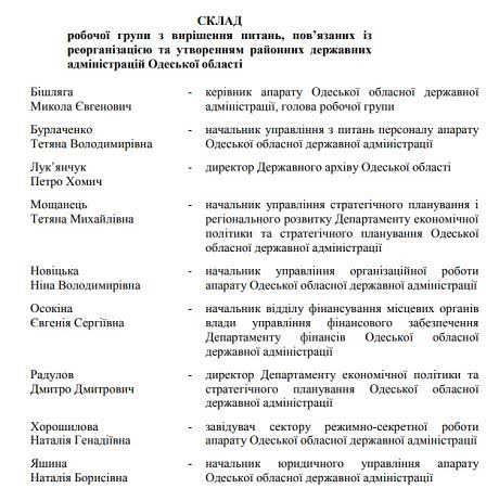 группа Одесской ОГА по реорганизации райгосадминистраций