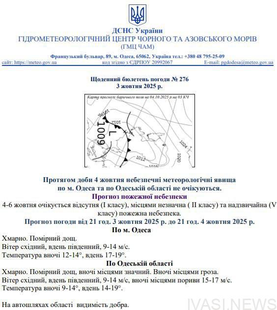 Увага одеситів: 4 жовтня очікується погіршення погодних умов